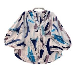 Chicos Top Womens 2 (L/12) White Abstract Blouse Mirrored Eyelet Balloon Sleeves